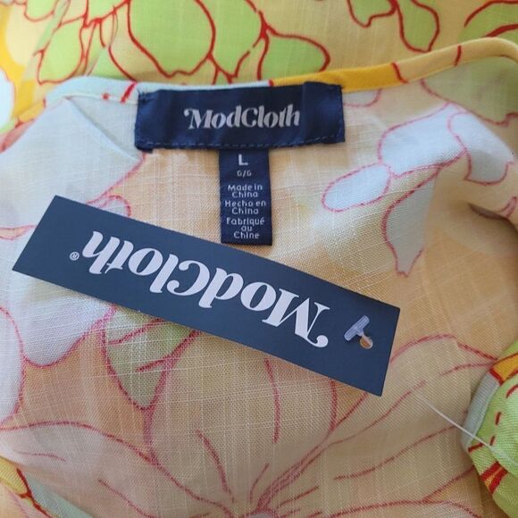ModCloth Paradise Worthy Tie Shoulder Dress Retro 70's Hippy Flower Yellow Sz L - Picture 4 of 13
